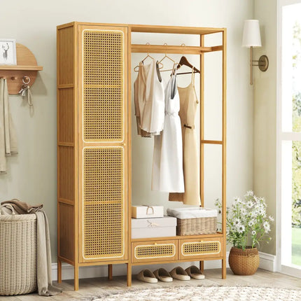 Bamboo Clothing Rack with Cabinet and Drawers and Hanging Rod-Natural - Natural - Clothing & Closet Storage