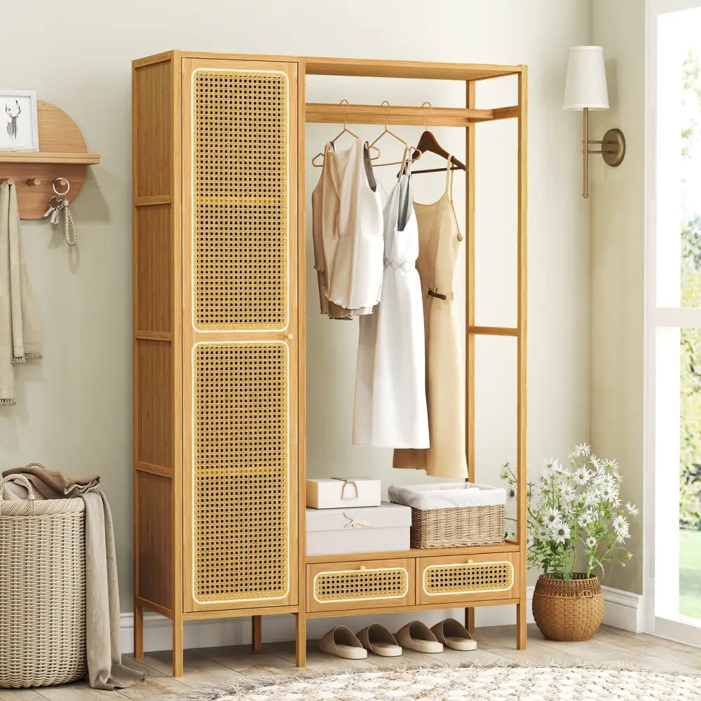 Bamboo Clothing Rack with Cabinet and Drawers and Hanging Rod-Natural - Natural - Clothing & Closet Storage