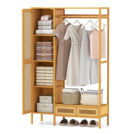 Bamboo Clothing Rack with Cabinet and Drawers and Hanging Rod-Natural - Natural - Clothing & Closet Storage