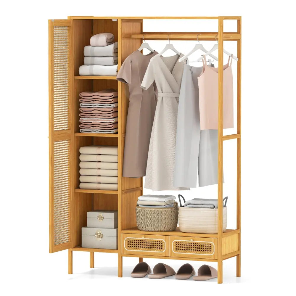Bamboo Clothing Rack with Cabinet and Drawers and Hanging Rod-Natural - Natural - Clothing & Closet Storage
