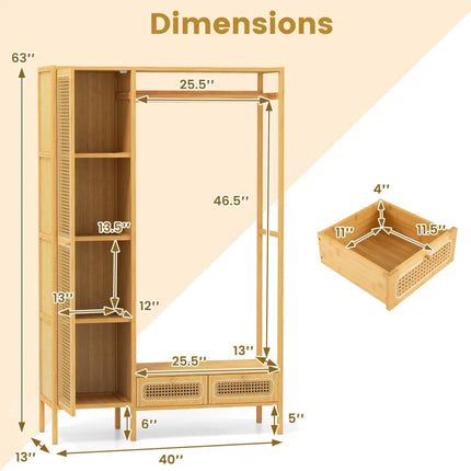Bamboo Clothing Rack with Cabinet and Drawers and Hanging Rod-Natural - Natural - Clothing & Closet Storage