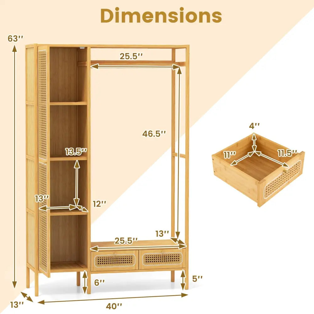 Bamboo Clothing Rack with Cabinet and Drawers and Hanging Rod-Natural - Natural - Clothing & Closet Storage