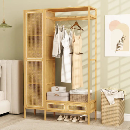 Bamboo Clothing Rack with Cabinet and Drawers and Hanging Rod-Natural - Natural - Clothing & Closet Storage