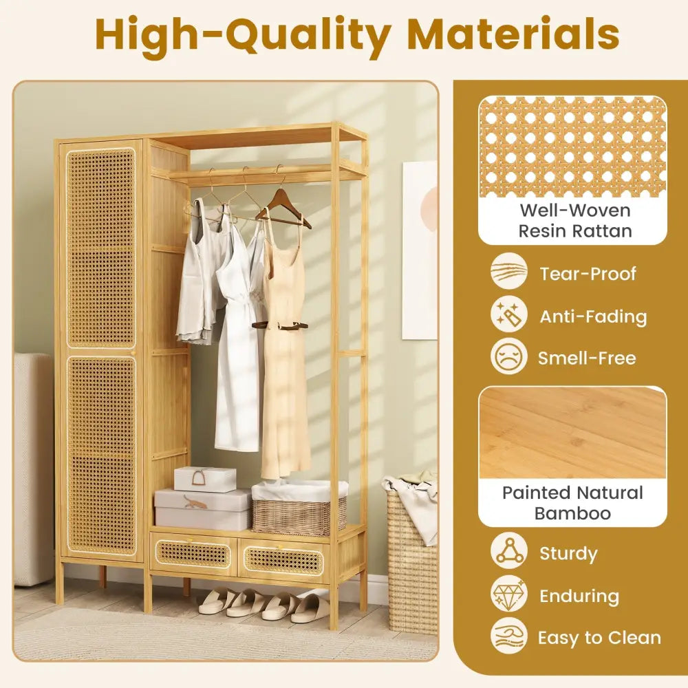 Bamboo Clothing Rack with Cabinet and Drawers and Hanging Rod-Natural - Natural - Clothing & Closet Storage