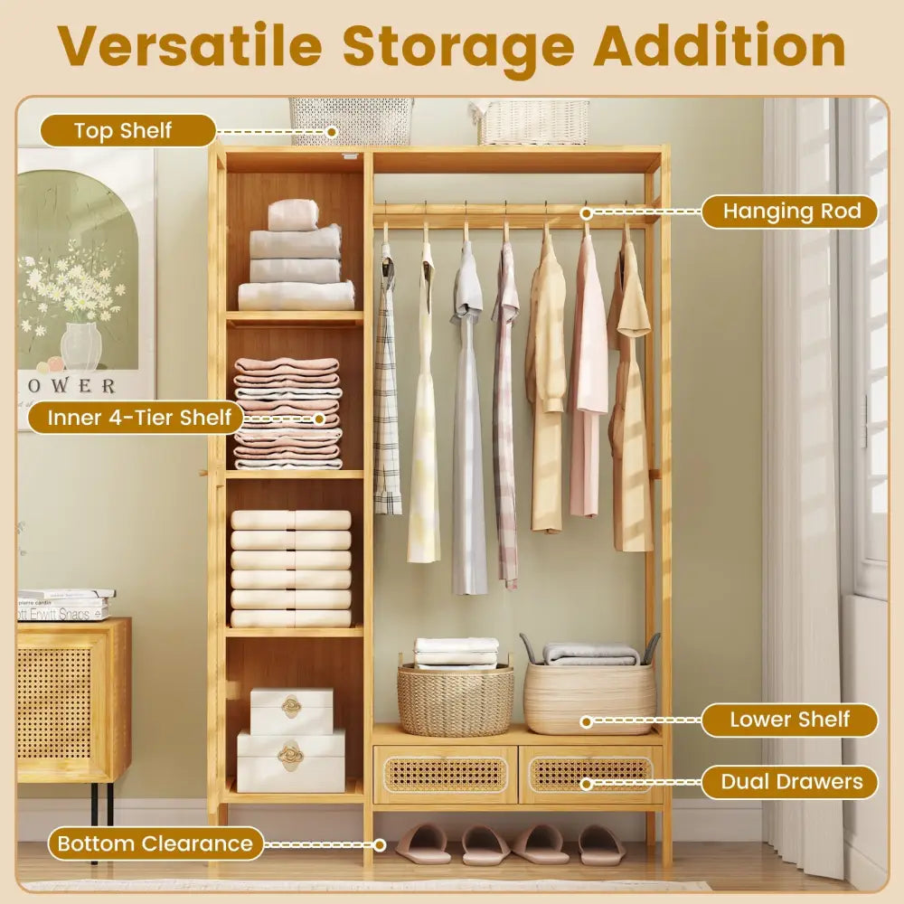 Bamboo Clothing Rack with Cabinet and Drawers and Hanging Rod-Natural - Natural - Clothing & Closet Storage