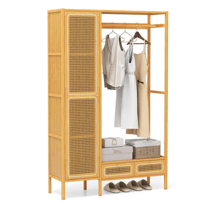 Bamboo Clothing Rack with Cabinet and Drawers and Hanging Rod-Natural - Natural - Clothing & Closet Storage