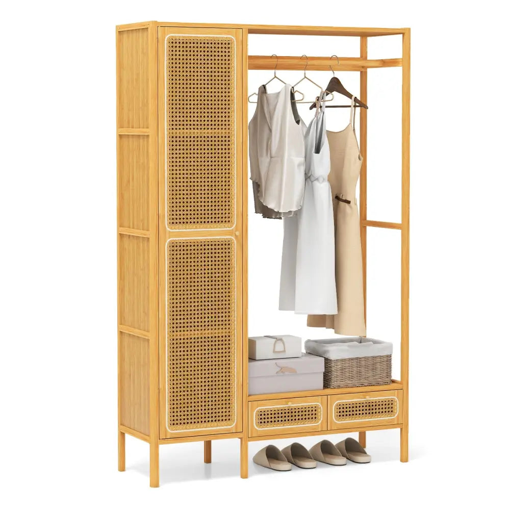 Bamboo Clothing Rack with Cabinet and Drawers and Hanging Rod-Natural - Natural - Clothing & Closet Storage