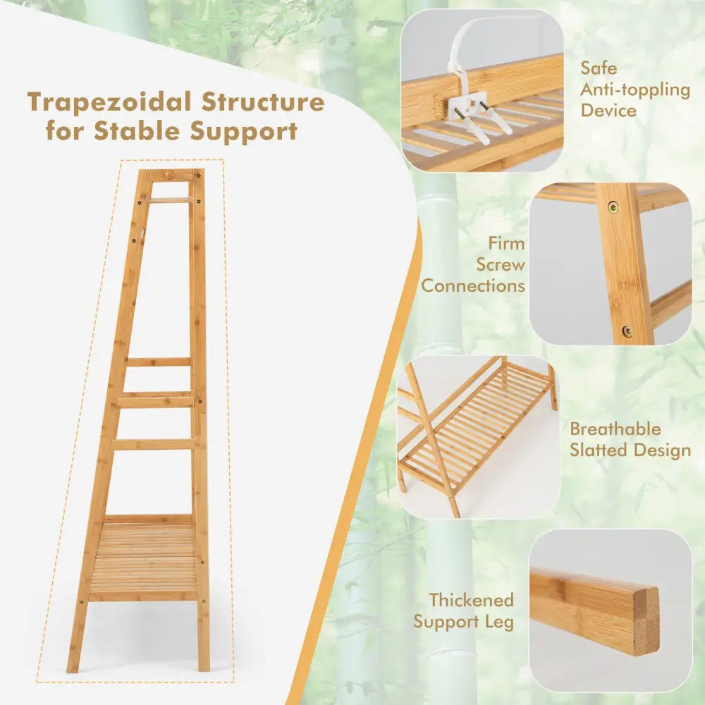 Bamboo Clothing Rack with Storage Shelves-Natural - Natural - Clothing & Closet Storage