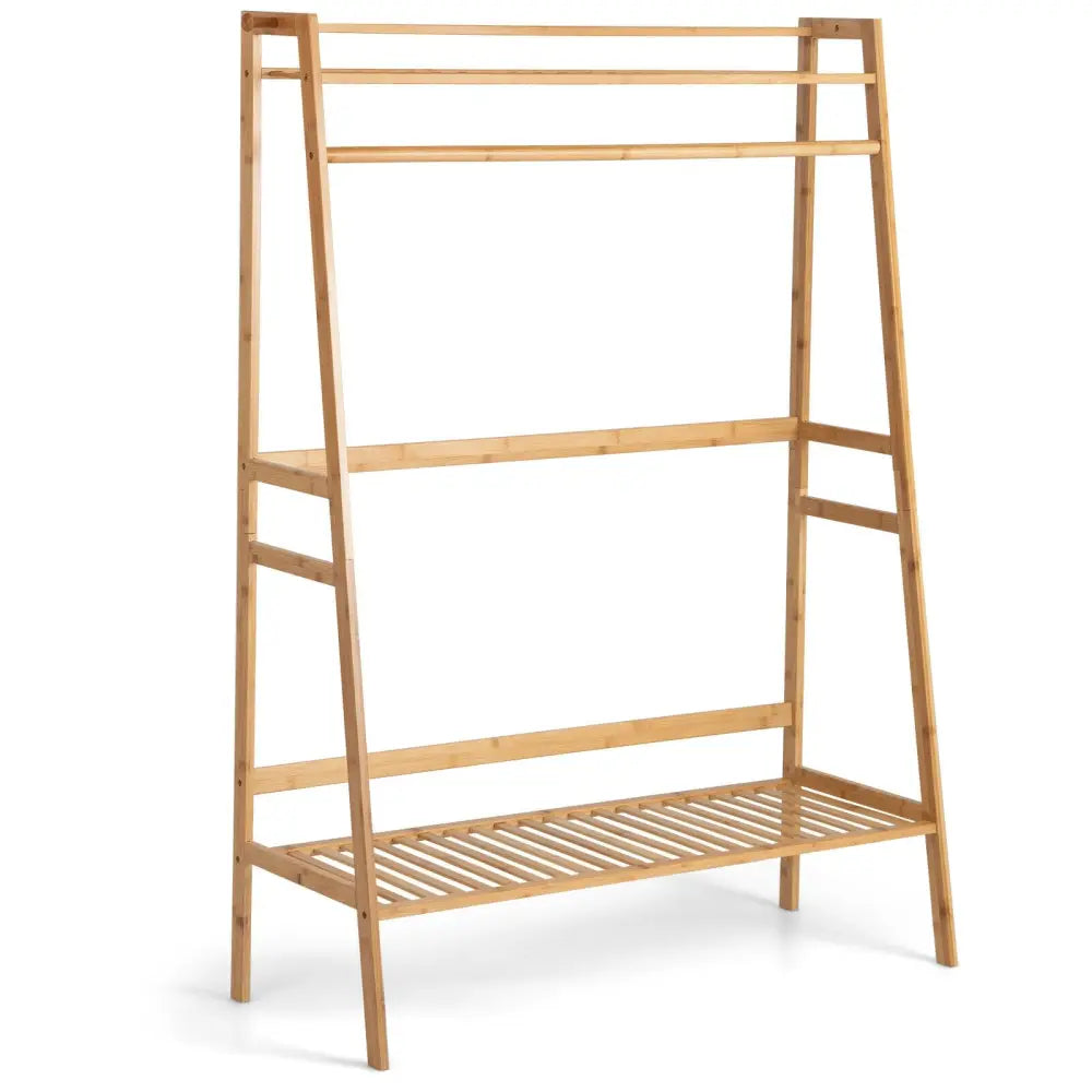 Bamboo Clothing Rack with Storage Shelves-Natural - Natural - Clothing & Closet Storage