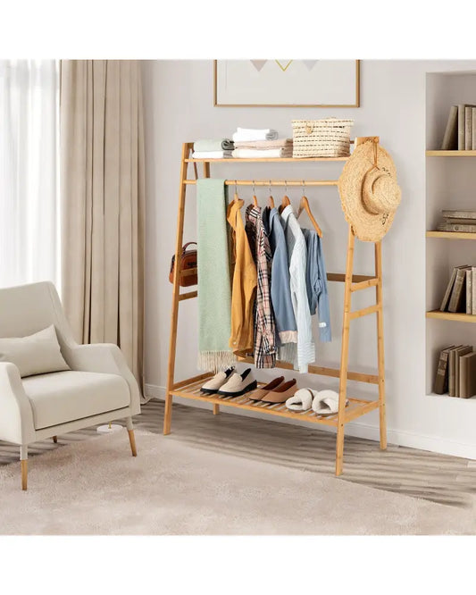 Bamboo Clothing Rack with Storage Shelves-Natural - Natural - Clothing & Closet Storage