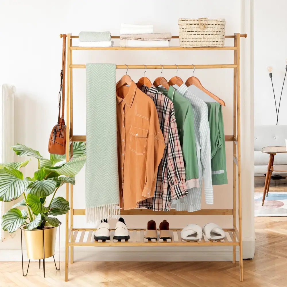 Bamboo Clothing Rack with Storage Shelves-Natural - Natural - Clothing & Closet Storage