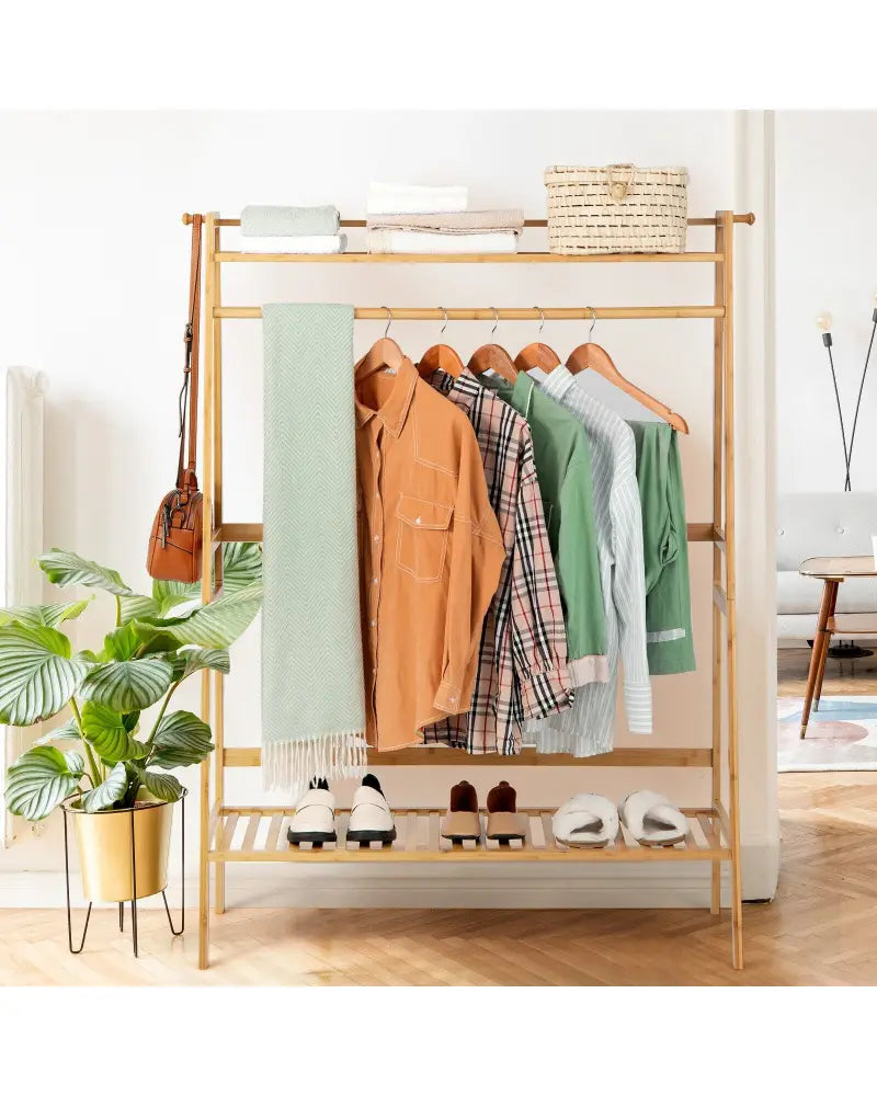 Bamboo Clothing Rack with Storage Shelves-Natural - Natural - Clothing & Closet Storage