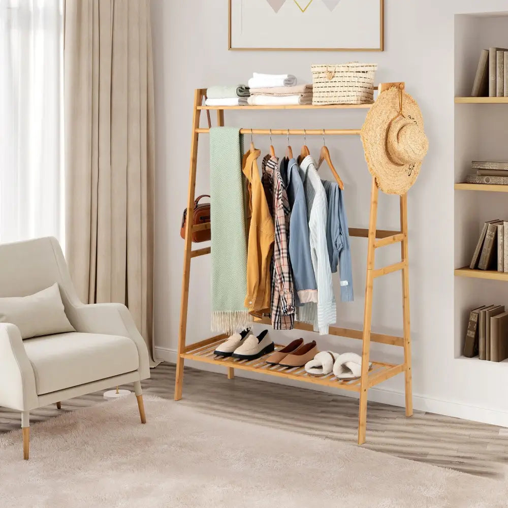 Bamboo Clothing Rack with Storage Shelves-Natural - Natural - Clothing & Closet Storage