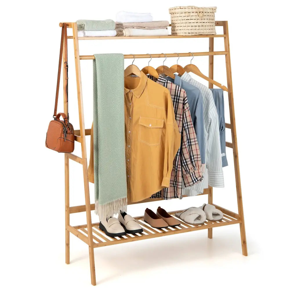 Bamboo Clothing Rack with Storage Shelves-Natural - Natural - Clothing & Closet Storage