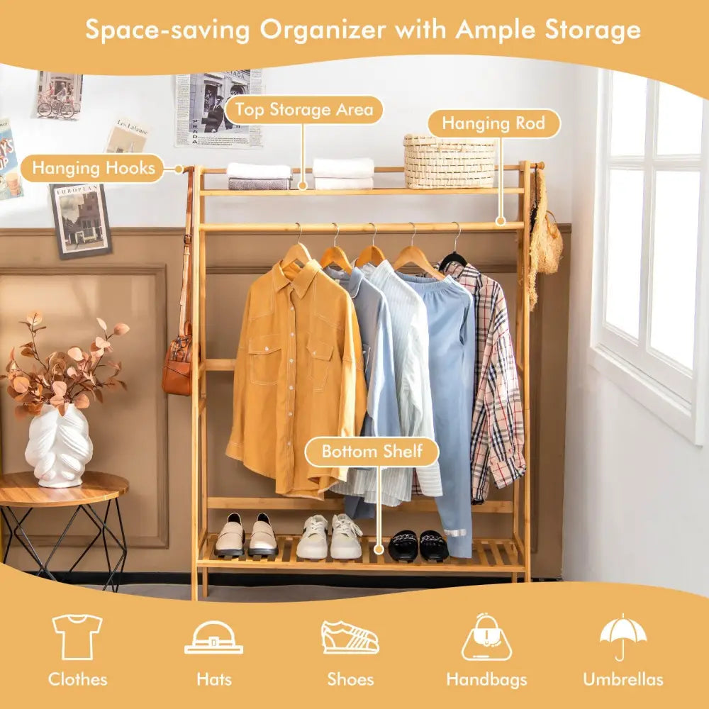 Bamboo Clothing Rack with Storage Shelves-Natural - Natural - Clothing & Closet Storage