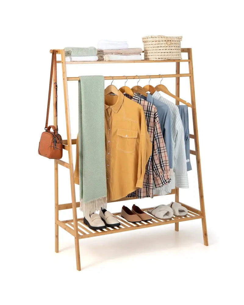 Bamboo Clothing Rack with Storage Shelves-Natural - Natural - Clothing & Closet Storage
