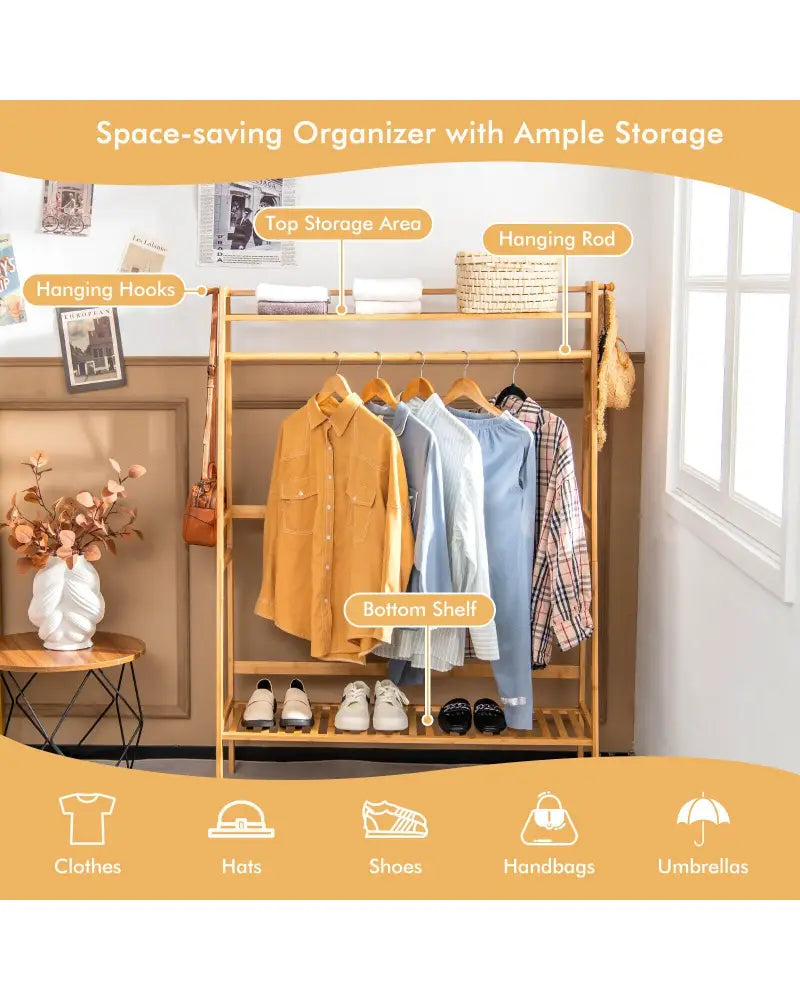 Bamboo Clothing Rack with Storage Shelves-Natural - Natural - Clothing & Closet Storage