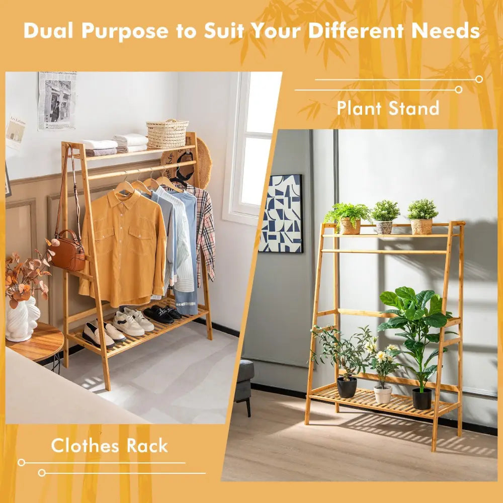Bamboo Clothing Rack with Storage Shelves-Natural - Natural - Clothing & Closet Storage