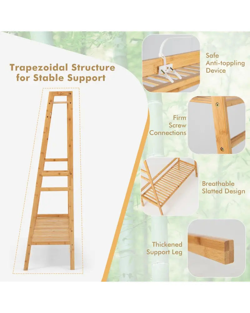 Bamboo Clothing Rack with Storage Shelves-Natural - Natural - Clothing & Closet Storage