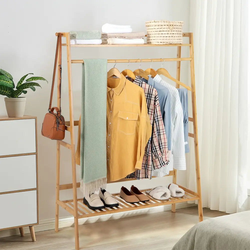 Bamboo Clothing Rack with Storage Shelves-Natural - Natural - Clothing & Closet Storage