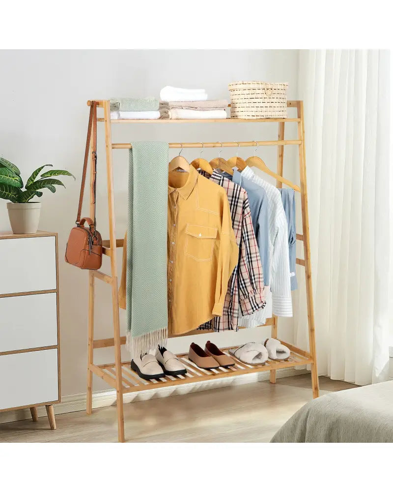 Bamboo Clothing Rack with Storage Shelves-Natural - Natural - Clothing & Closet Storage
