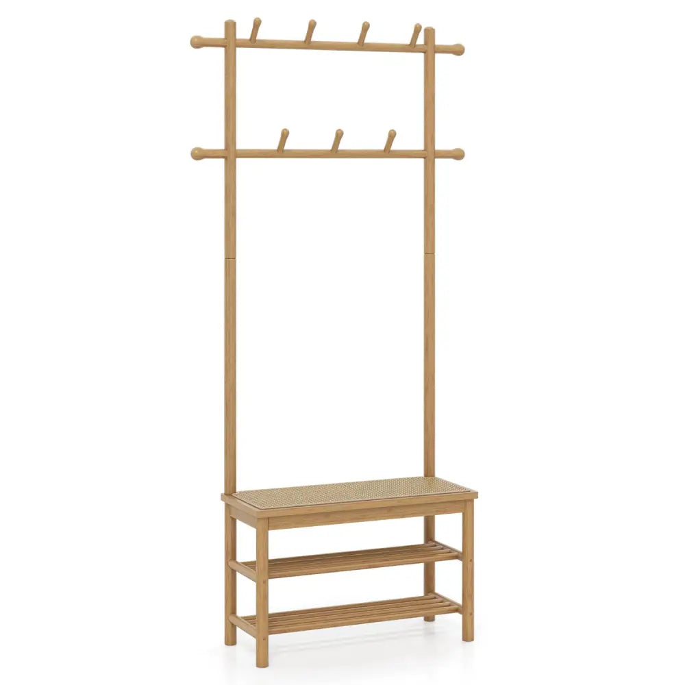 Bamboo Coat Rack PE Rattan Hall Tree with Bench and Shoe Storage 3-In-1 Entryway Bench-Natural - Natural - Coat Racks &