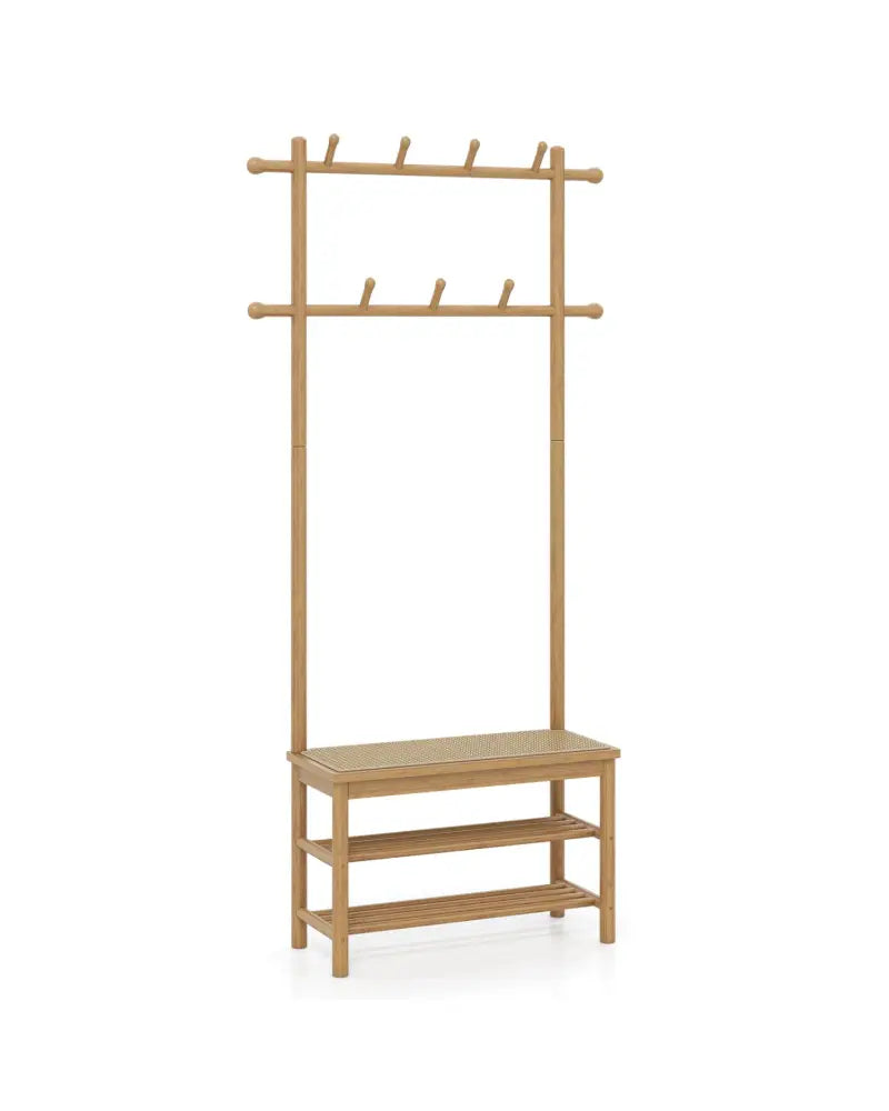 Bamboo Coat Rack PE Rattan Hall Tree with Bench and Shoe Storage 3-In-1 Entryway Bench-Natural - Natural - Coat Racks &
