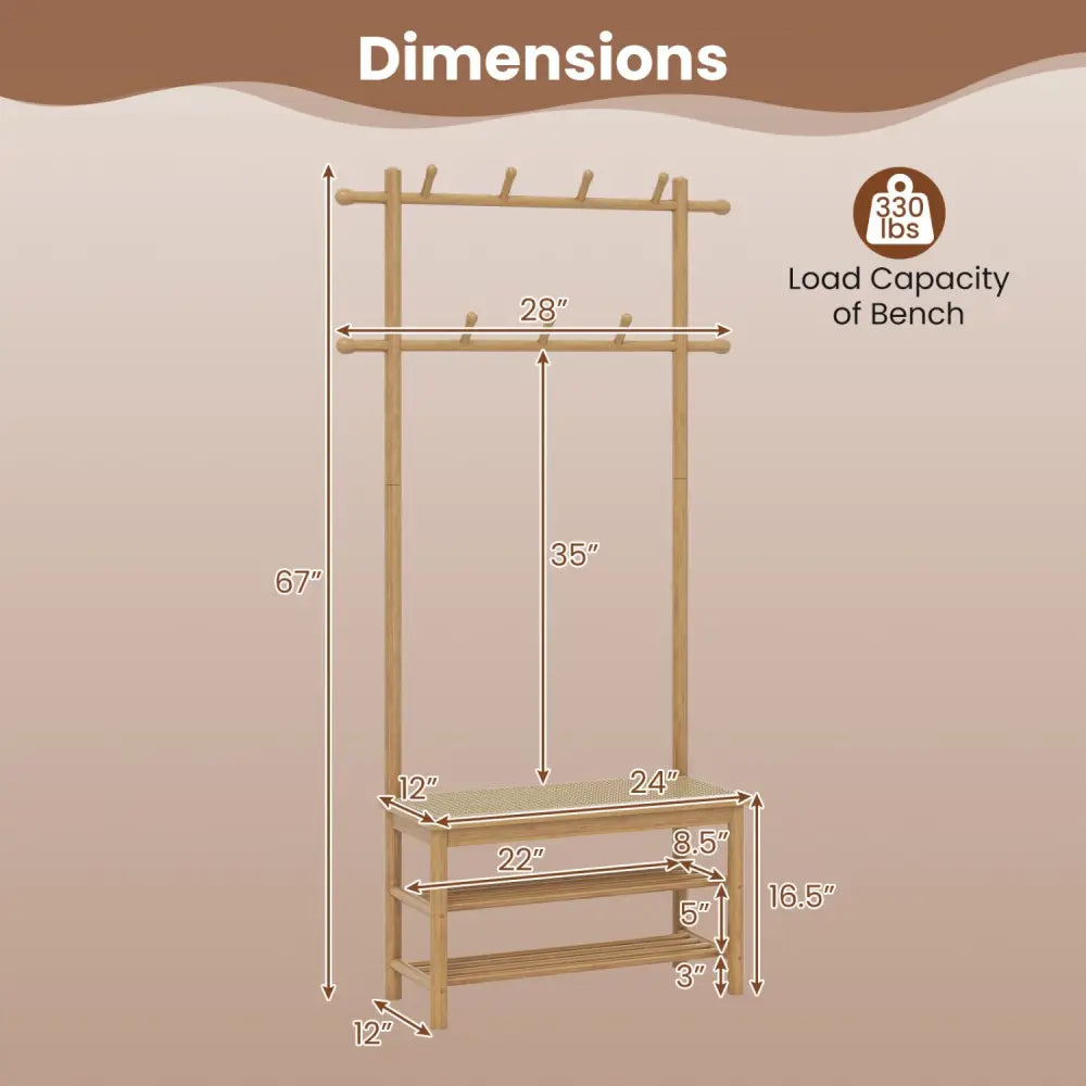 Bamboo Coat Rack PE Rattan Hall Tree with Bench and Shoe Storage 3-In-1 Entryway Bench-Natural - Natural - Coat Racks &