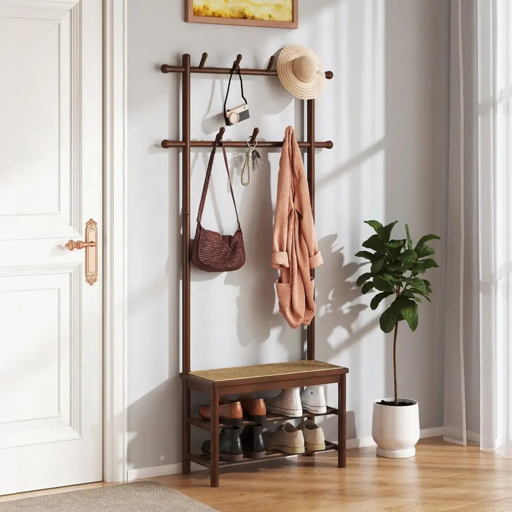Bamboo Coat Rack PE Rattan Hall Tree with Bench and Shoe Storage 3-In-1 Entryway Bench-Brown - Brown - Coat Racks &