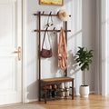 Bamboo Coat Rack PE Rattan Hall Tree with Bench and Shoe Storage 3-In-1 Entryway Bench-Brown - Brown - Coat Racks &