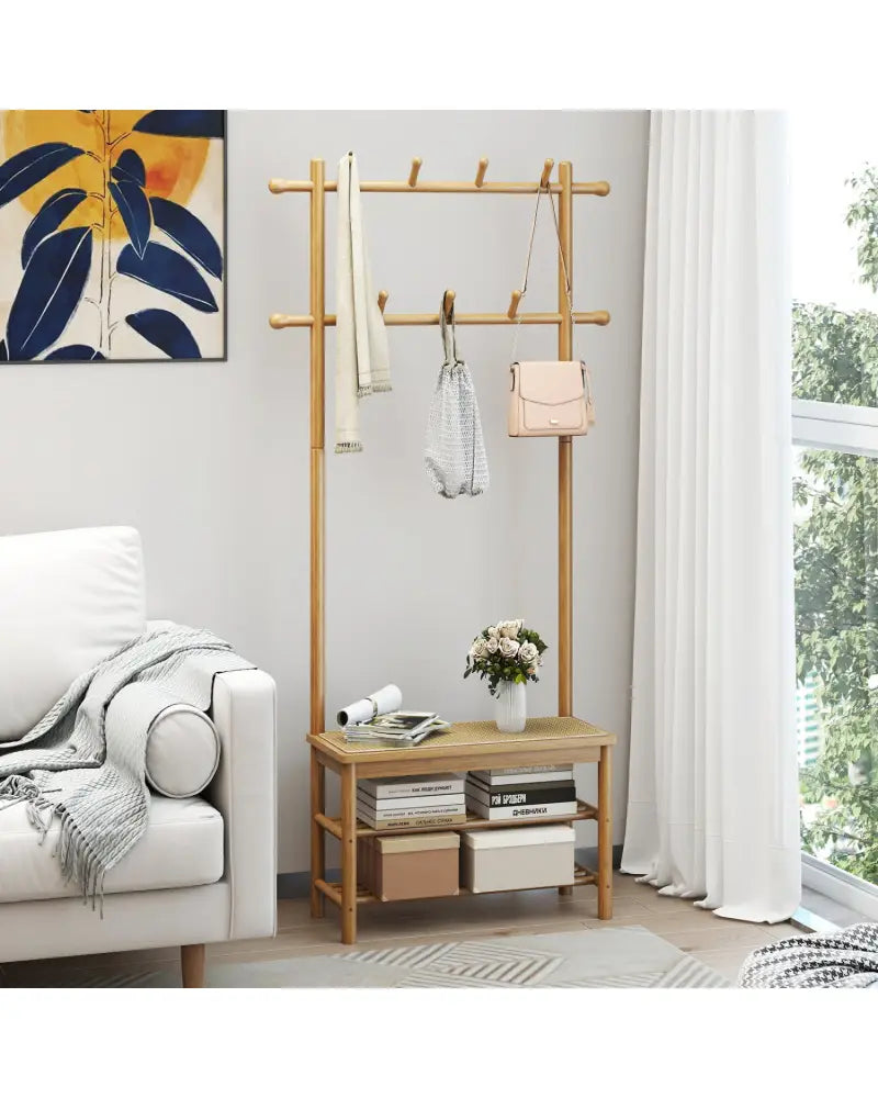 Bamboo Coat Rack PE Rattan Hall Tree with Bench and Shoe Storage 3-In-1 Entryway Bench-Natural - Natural - Coat Racks &