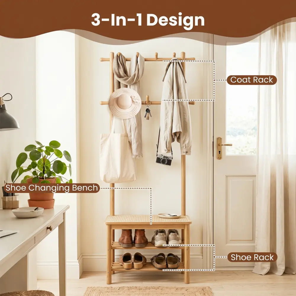 Bamboo Coat Rack PE Rattan Hall Tree with Bench and Shoe Storage 3-In-1 Entryway Bench-Natural - Natural - Coat Racks &