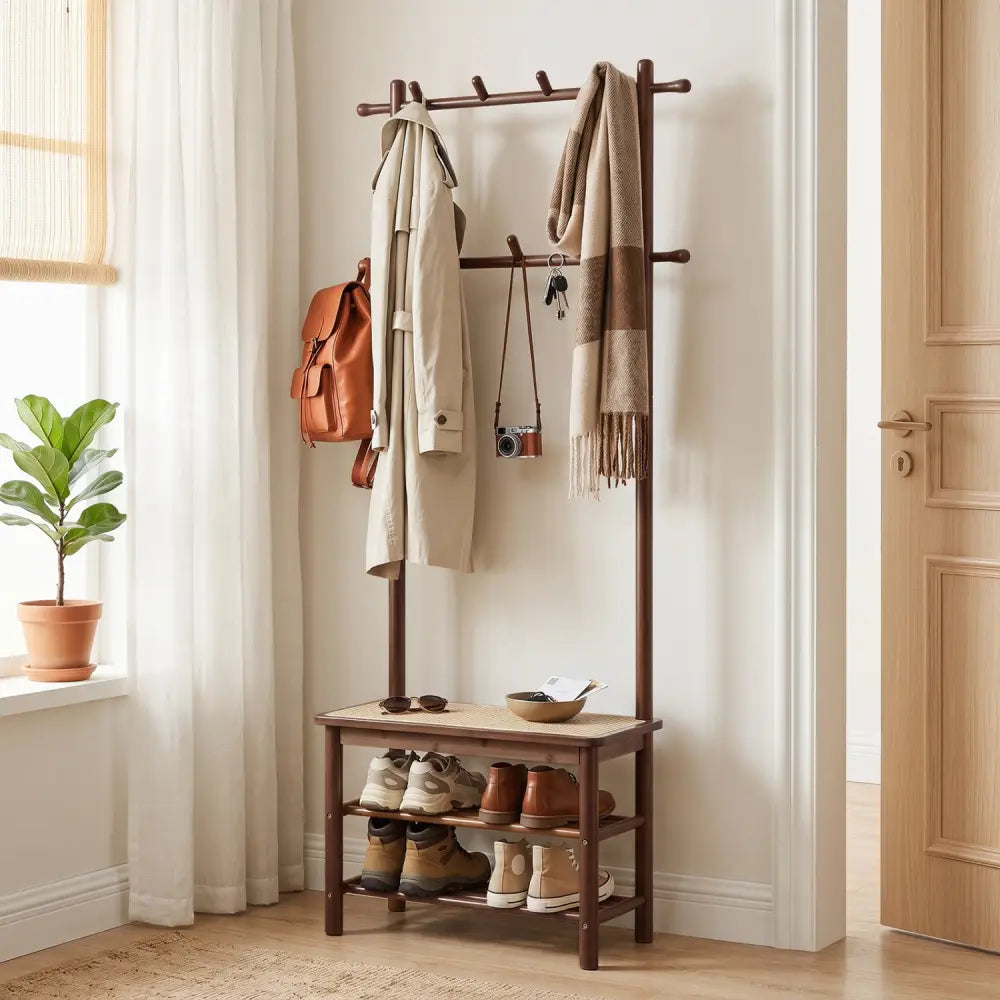 Bamboo Coat Rack PE Rattan Hall Tree with Bench and Shoe Storage 3-In-1 Entryway Bench-Brown - Brown - Coat Racks &