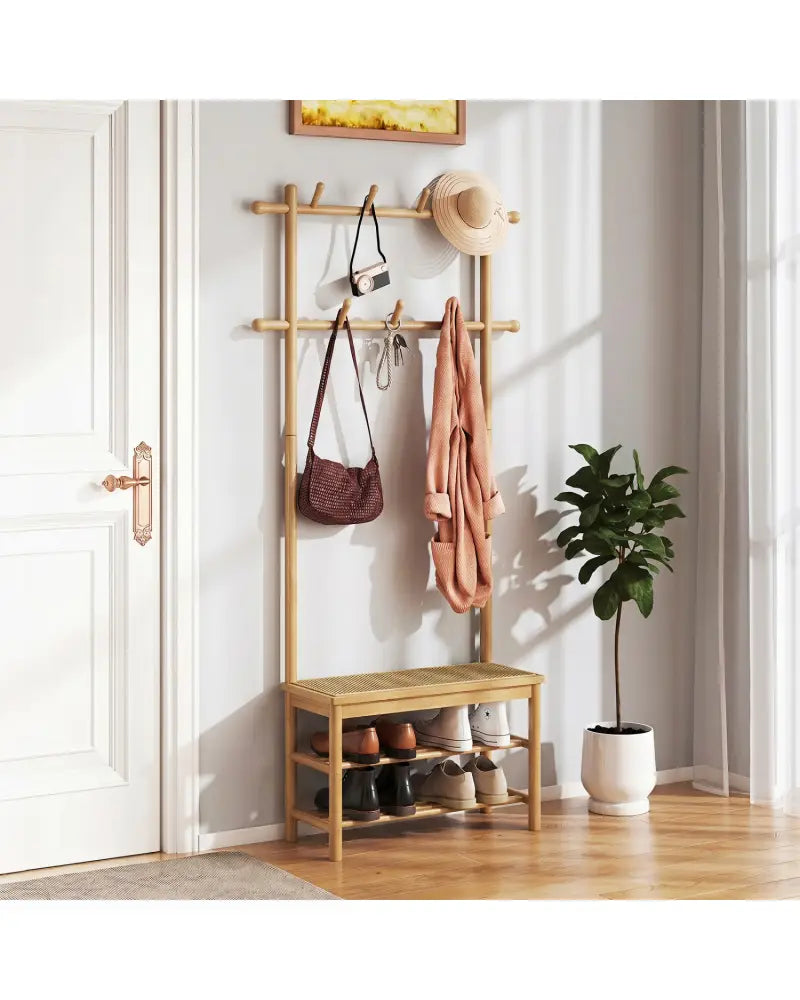 Bamboo Coat Rack PE Rattan Hall Tree with Bench and Shoe Storage 3-In-1 Entryway Bench-Natural - Natural - Coat Racks &