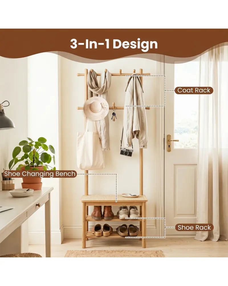 Bamboo Coat Rack PE Rattan Hall Tree with Bench and Shoe Storage 3-In-1 Entryway Bench-Natural - Natural - Coat Racks &