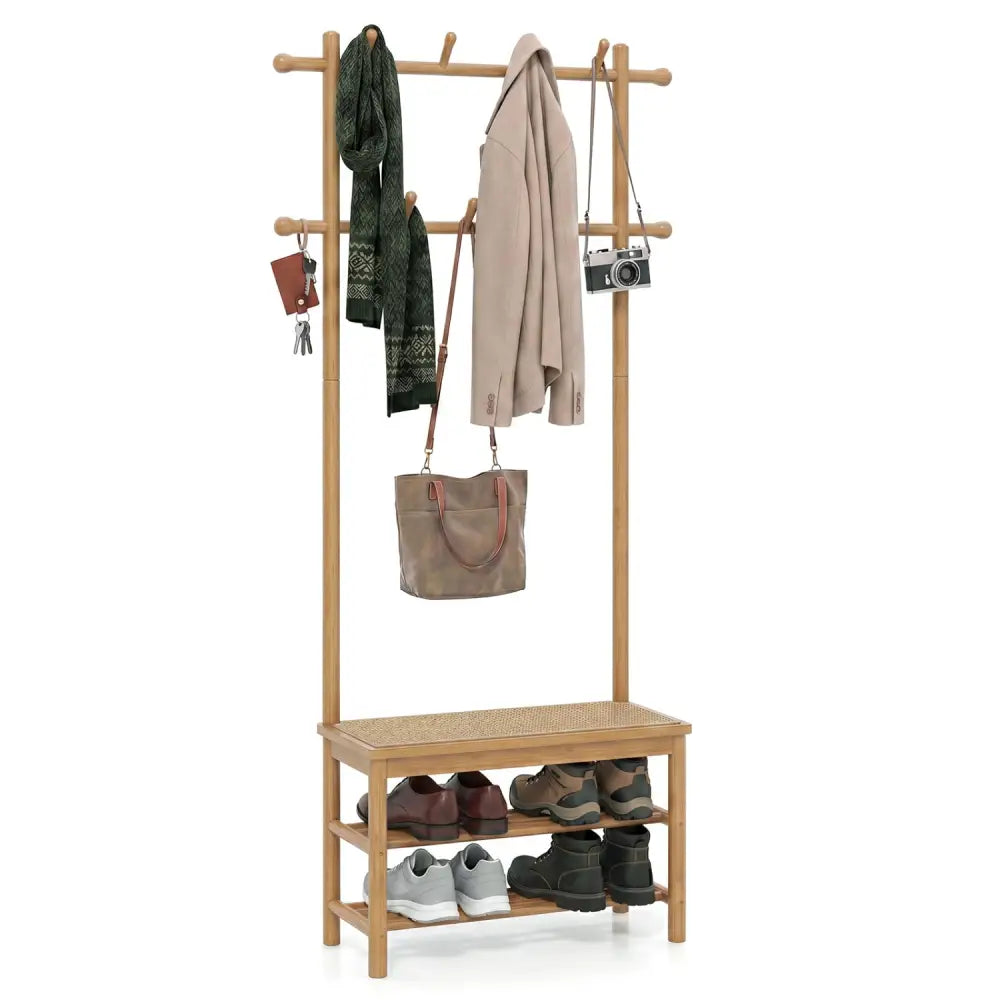 Bamboo Coat Rack PE Rattan Hall Tree with Bench and Shoe Storage 3-In-1 Entryway Bench-Natural - Natural - Coat Racks &
