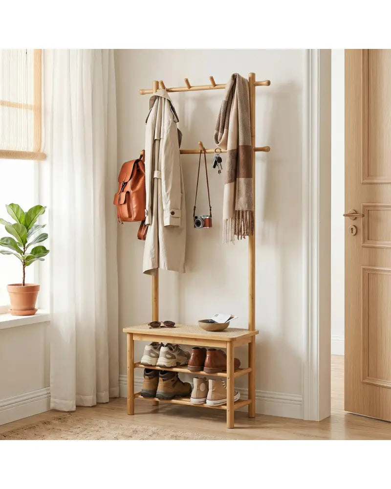 Bamboo Coat Rack PE Rattan Hall Tree with Bench and Shoe Storage 3-In-1 Entryway Bench-Natural - Natural - Coat Racks &