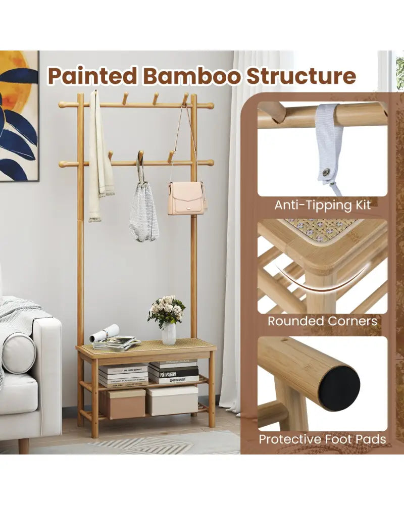 Bamboo Coat Rack PE Rattan Hall Tree with Bench and Shoe Storage 3-In-1 Entryway Bench-Natural - Natural - Coat Racks &