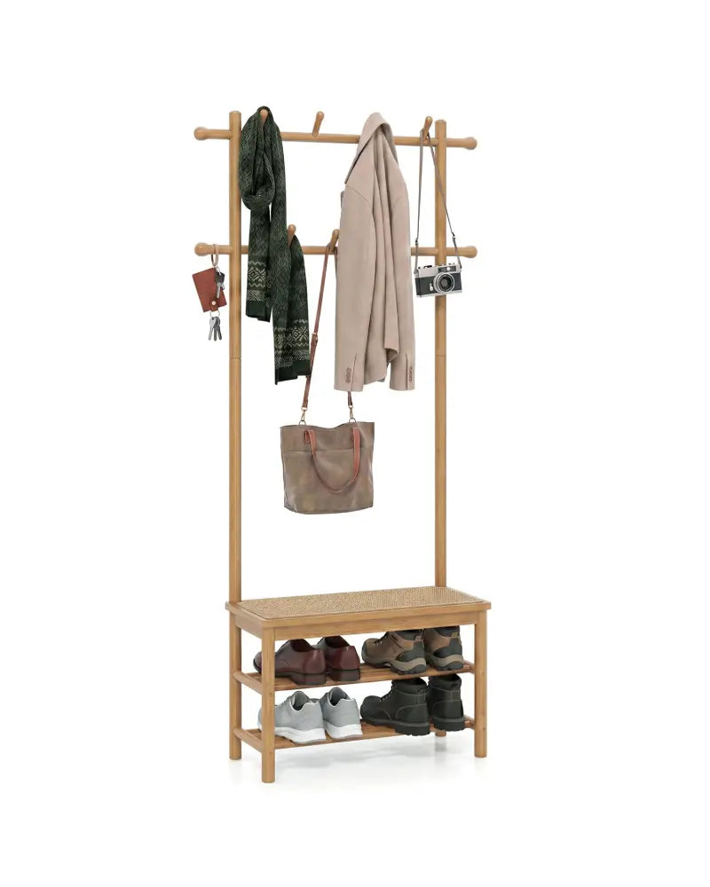 Bamboo Coat Rack PE Rattan Hall Tree with Bench and Shoe Storage 3-In-1 Entryway Bench-Natural - Natural - Coat Racks &