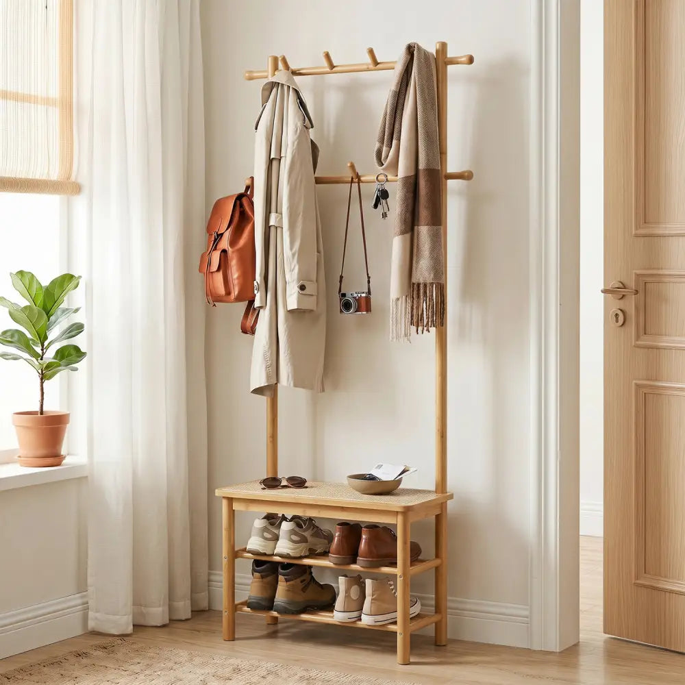 Bamboo Coat Rack PE Rattan Hall Tree with Bench and Shoe Storage 3-In-1 Entryway Bench-Natural - Natural - Coat Racks &