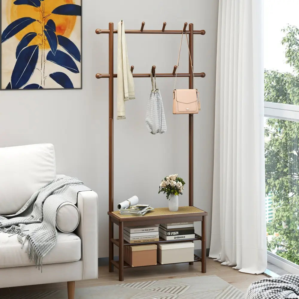 Bamboo Coat Rack PE Rattan Hall Tree with Bench and Shoe Storage 3-In-1 Entryway Bench-Brown - Brown - Coat Racks &