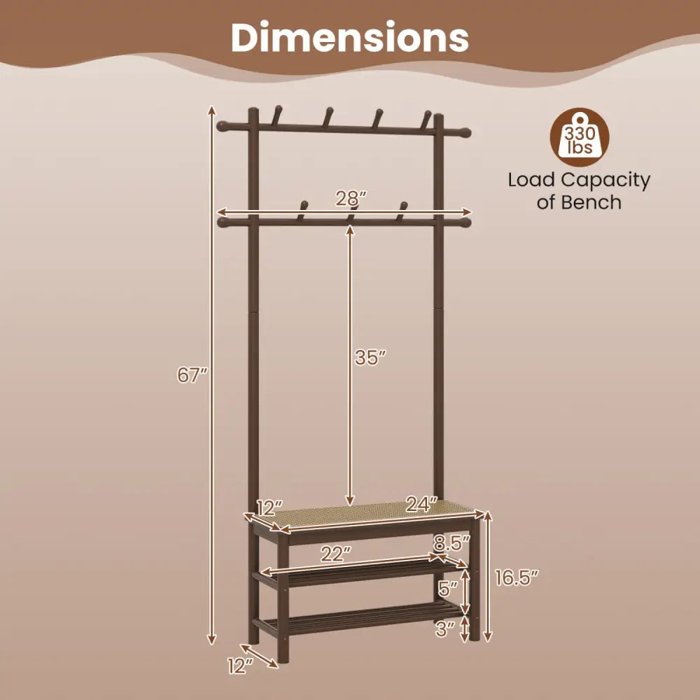Bamboo Coat Rack PE Rattan Hall Tree with Bench and Shoe Storage 3-In-1 Entryway Bench-Brown - Brown - Coat Racks &