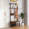 Bamboo Coat Rack PE Rattan Hall Tree with Bench and Shoe Storage 3-In-1 Entryway Bench-Brown - Brown - Coat Racks &