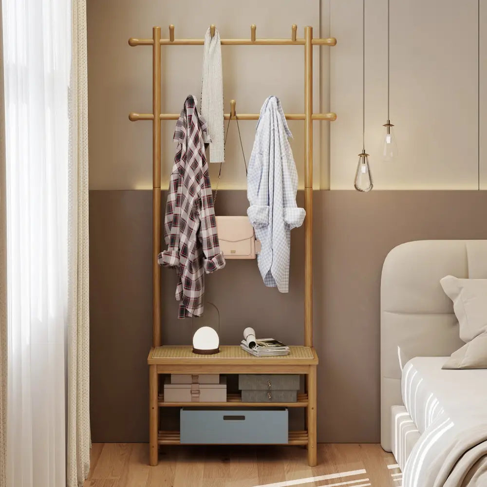 Bamboo Coat Rack PE Rattan Hall Tree with Bench and Shoe Storage 3-In-1 Entryway Bench-Natural - Natural - Coat Racks &