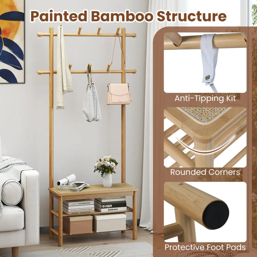 Bamboo Coat Rack PE Rattan Hall Tree with Bench and Shoe Storage 3-In-1 Entryway Bench-Natural - Natural - Coat Racks &