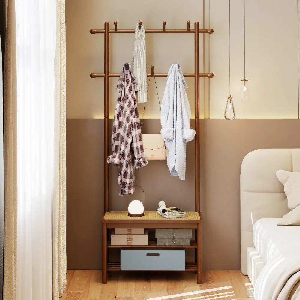 Bamboo Coat Rack PE Rattan Hall Tree with Bench and Shoe Storage 3-In-1 Entryway Bench-Brown - Brown - Coat Racks &