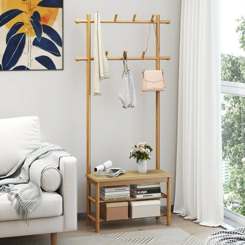 Bamboo Coat Rack PE Rattan Hall Tree with Bench and Shoe Storage 3-In-1 Entryway Bench-Natural - Natural - Coat Racks &