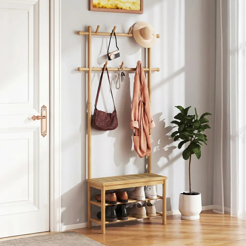 Bamboo Coat Rack PE Rattan Hall Tree with Bench and Shoe Storage 3-In-1 Entryway Bench-Natural - Natural - Coat Racks &