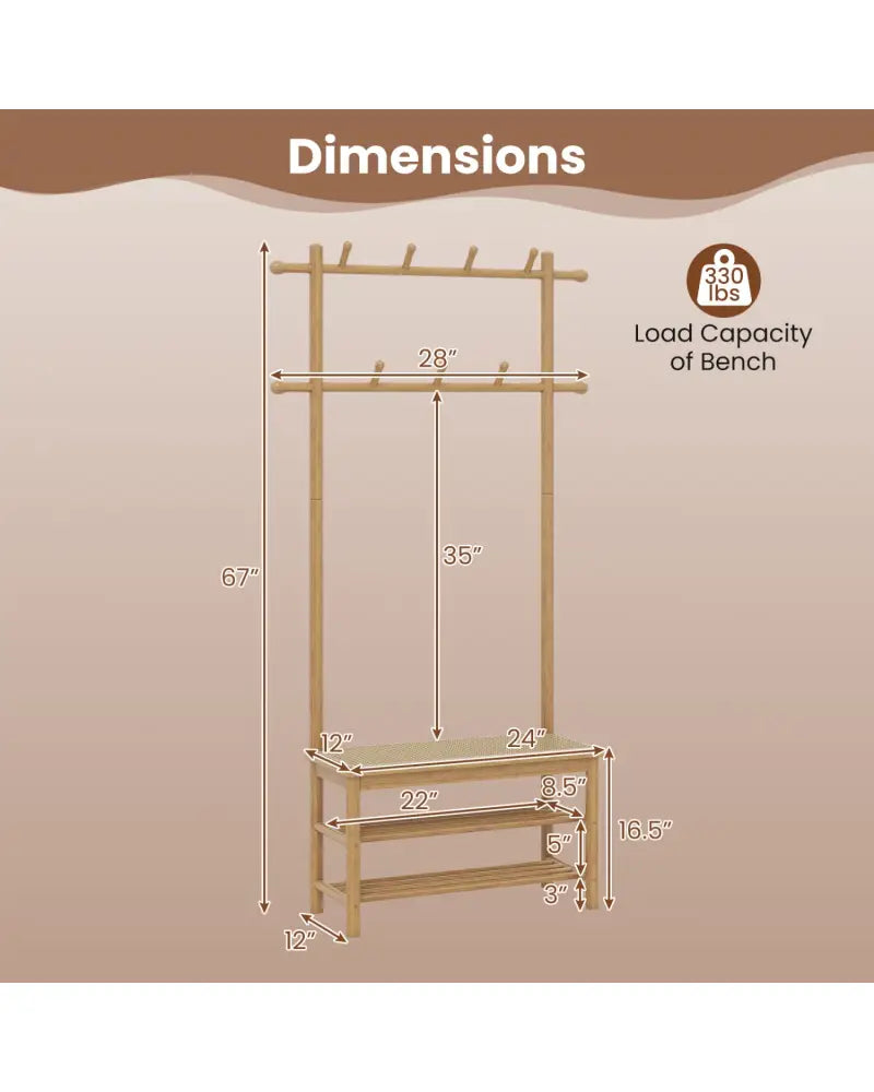 Bamboo Coat Rack PE Rattan Hall Tree with Bench and Shoe Storage 3-In-1 Entryway Bench-Natural - Natural - Coat Racks &