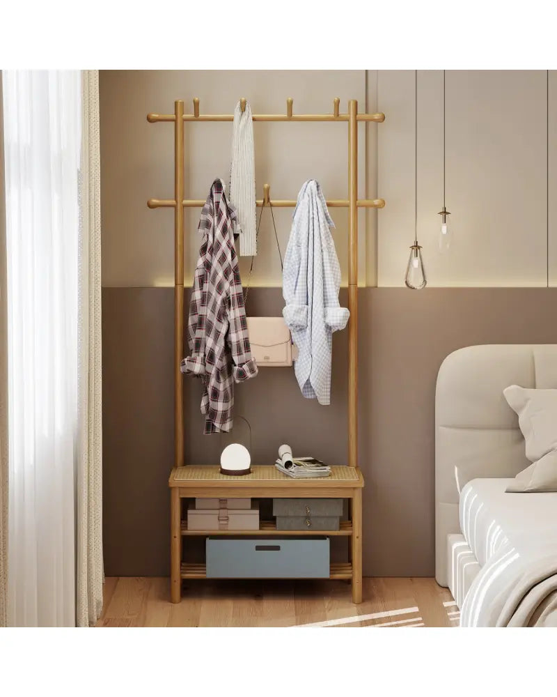 Bamboo Coat Rack PE Rattan Hall Tree with Bench and Shoe Storage 3-In-1 Entryway Bench-Natural - Natural - Coat Racks &